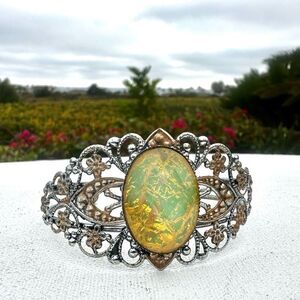 Silver tone yellow beaded filagree open cuff bracelet